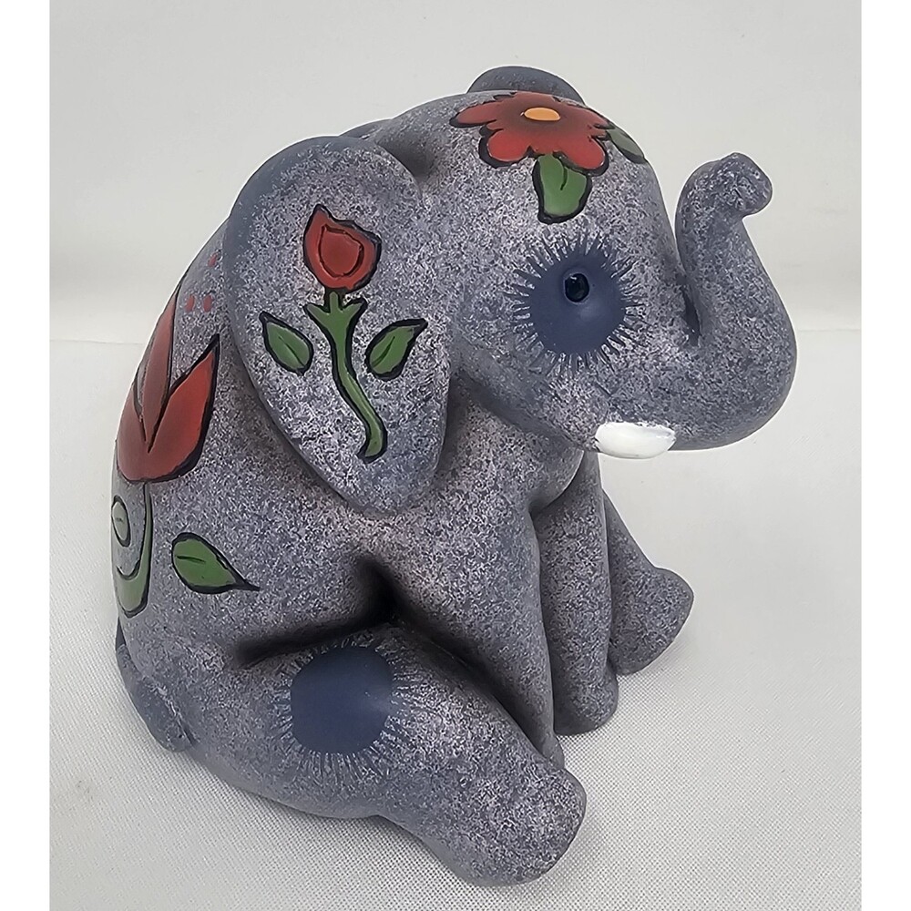 Vtg Floral Friends Hand Painted Stone Sitting Elephant Figurine Paperweight